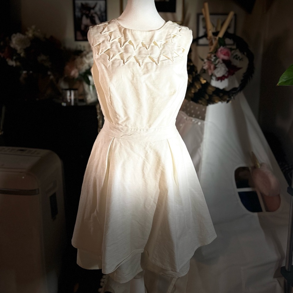 Fit and Flare, White Dress with Geometric Triangle Top- Sleeveless Open Back.